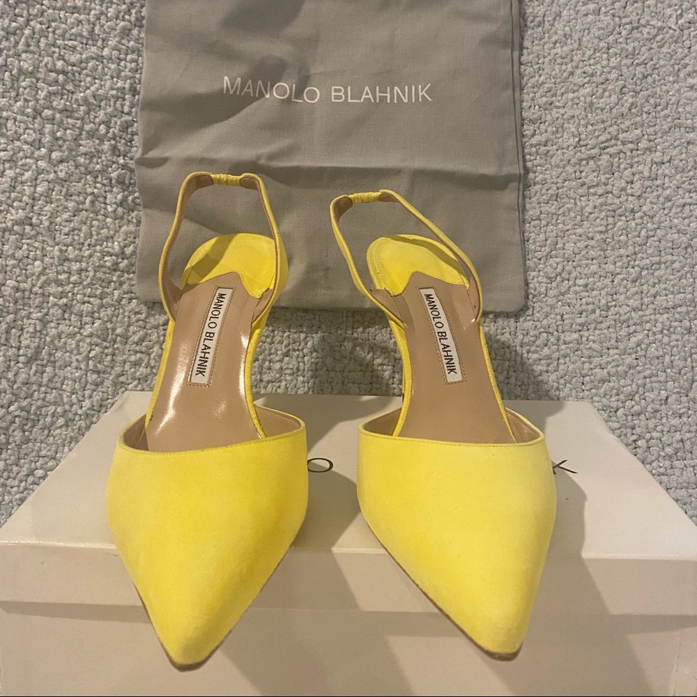 Manolo Blahnik Carolyne yellow suede sling back high heels 39.5